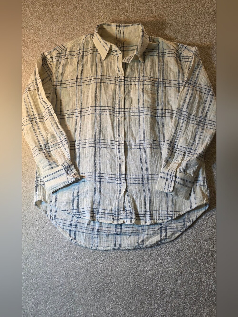 Faherty Dune Cotton Gauze Relaxed Shirt Blue Cove Plaid Button Up Womens M
